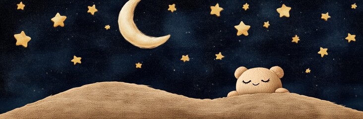 Wall Mural - a bear is sleeping on a sandy hill under a full moon. there are many stars in the sky