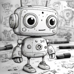 Poster - Whimsical handdrawn black and white illustration of a busy robot with gears and gadgets designed for kids to color and spark their creativity