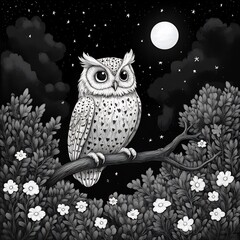Aufkleber - whimsical handdrawn black and white drawing of a curious owl perched on a branch at night perfect fo