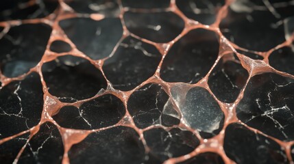 A black and brown patterned surface with a lot of holes. The holes are filled with a reddish-brown substance