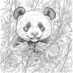 Poster - Whimsical handdrawn black and white outline of a friendly panda munching on bamboo designed for kids to color and learn about wildlife