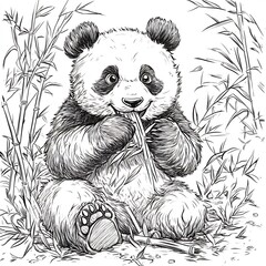Poster - Whimsical handdrawn black and white outline of a friendly panda munching on bamboo designed for kids to color and learn about wildlife