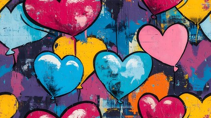 Canvas Print - Graffiti-style pattern of heart-shaped balloons, vibrant pastel colors, urban street background, spray paint textures, layered appearance, bold and youthful vibe, hd quality, seamless repetition.