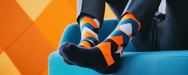 Colorful geometric patterned socks on a person sitting casually on a blue couch.