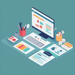 Poster - Isometric Illustration of a Modern Workplace with Computer  Documents  and Stationery