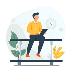 Poster - Man Using Laptop On Bench  Casual Business  Waiting  Time Management