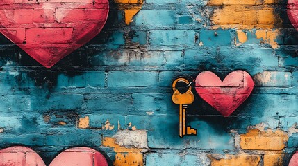 Sticker - Graffiti-style pattern of heart-shaped locks and keys, vibrant colors, urban street background, spray paint textures, layered appearance, bold and youthful vibe, hd quality, seamless design.