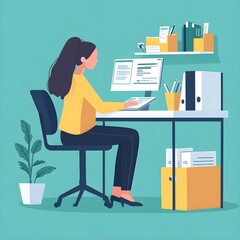 Poster - Woman Working at Desk with Computer and Office Supplies
