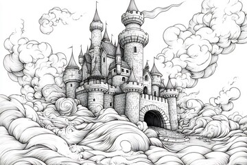 Poster - Elaborate black and white handdrawn fantasy illustration for an adult coloring page showcasing a whimsical castle surrounded by mythical creatures and swirling clouds inviting creative expression