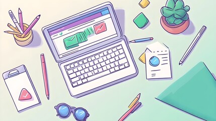 Poster - Flat Lay Desk with Laptop  Pencils  and Checkmarks