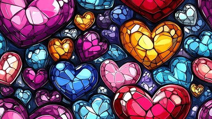 Sticker - Graffiti-style pattern of heart-shaped gemstones and jewelry, vibrant colors, urban street background, spray paint textures, bold and youthful appearance, hd quality, seamless design.