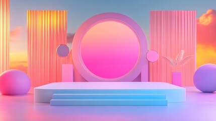 Poster - Abstract Pastel Pink and Blue Geometric Shapes with a Sunset Background