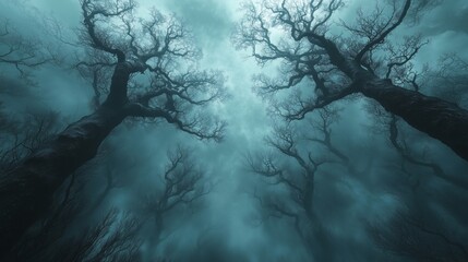Wall Mural - a forest with trees in the sky. the sky is dark and cloudy. the trees are tall and leafless