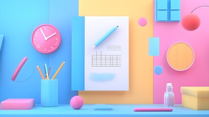 Poster - Colorful Minimalist Desk with Clock  Pen  and Notepad