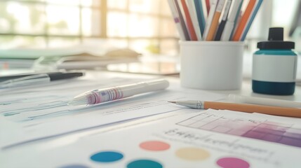 Poster - Creative Design Workspace with Pens  Color Swatches  and Charts