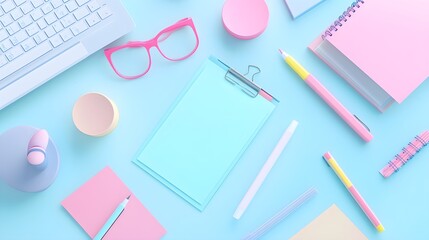 Wall Mural - Pastel Colored Desk Supplies Flat Lay on Blue Background