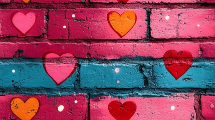 Wall Mural - Graffiti-style pattern of pink and red polka dots with heart accents, vibrant colors, urban street background, spray paint textures, bold and youthful appearance, hd quality, seamless design.