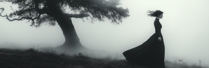 Wall Mural - a woman is walking in the woods. she is wearing a black dress. the sky is cloudy and the trees are t