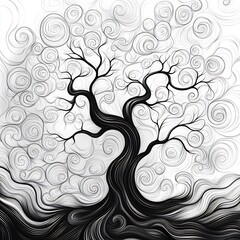 Poster - Elegant abstract tree illustration with flowing lines and detailed branches perfect for adult coloring book pages presented as a black and white hand drawing for creative relaxation