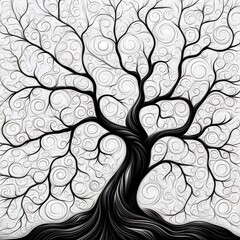 Poster - Elegant abstract tree illustration with flowing lines and detailed branches perfect for adult coloring book pages presented as a black and white hand drawing for creative relaxation