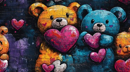 Canvas Print - Graffiti-style pattern of teddy bears holding hearts, vibrant colors, urban street background, spray paint textures, bold and youthful appearance, hd quality, seamless design. --ar 16:9 --tile