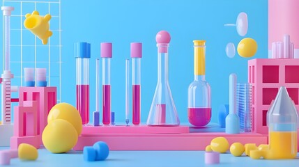 Poster - Colorful Laboratory Experiment with Glass Beaker  Test Tubes  and Pink and Yellow Geometric Shapes
