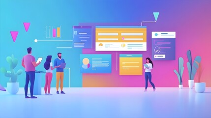 Poster - 3D Illustration Of A Business Team Analyzing Data On Website Design