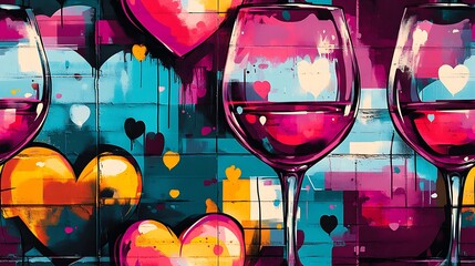 Canvas Print - Graffiti-style pattern of wine glasses and heart-shaped bubbles, vibrant colors, urban street background, spray paint textures, bold and youthful appearance, hd quality, seamless design.