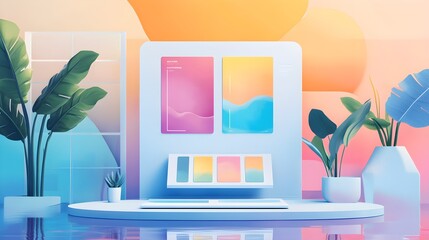 Poster - Modern Minimalist Display with Abstract Gradient Posters and Plants