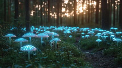 Wall Mural - a field of blue glowing mushrooms. the mushrooms are in the grass and are lit up. the mushrooms are 