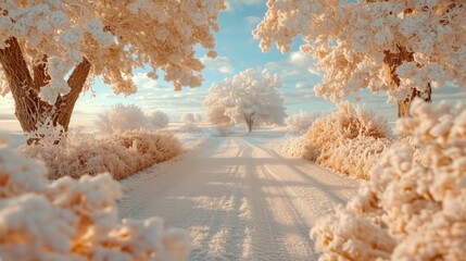 A snow-covered road with trees in the background. The trees are white and the road is covered in snow. The road is a path that leads to a forest. The snow is piled up on the ground