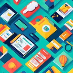 Poster - Colorful Isometric Design Pattern with Technology and Business Icons
