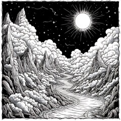 Poster - Enchanting black white coloring page illustrating a fantasy scene with majestic mountains swirling clouds a bright sun and a pathway that guides you toward a vibrant sunset designed in a doodle style