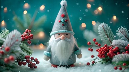 Scandinavian Nordic Gnome. Winter holiday greeting card, sticker with 3D toy character mythical fairy tale old man grandfather and set festive decor. Collection Merry Christmas, Happy New Year design.