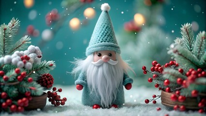 Scandinavian Nordic Gnome. Winter holiday greeting card, sticker with 3D toy character mythical fairy tale old man grandfather and set festive decor. Collection Merry Christmas, Happy New Year design.