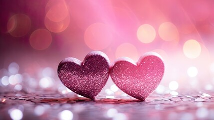 Valentines day festive background with two hearts In Shiny multicolor Background Valentine's Day glitter background