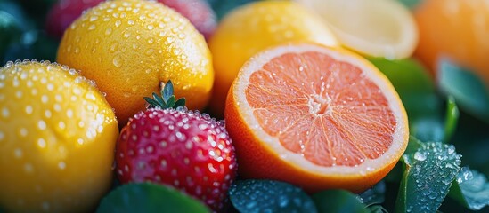 Wall Mural - Close up of fresh fruits including lemons, oranges, grapefruit, and strawberries with dew drops on leaves.