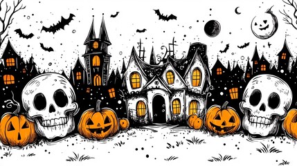 Poster - Enchanting Halloween seamless pattern showcasing handdrawn doodles of skulls spooky houses and festive decorations This black outline illustration on a clean white background is ideal for coloring fun