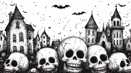 Poster - Enchanting Halloween seamless pattern showcasing handdrawn doodles of skulls spooky houses and festive decorations This black outline illustration on a clean white background is ideal for coloring fun