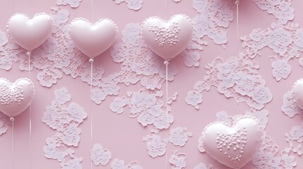 Poster - Lace overlay pattern with heart-shaped balloons, delicate lace details on a pastel lavender background, romantic and sophisticated style, intricate design, seamless integration, hd quality,