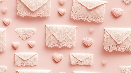 Sticker - Pattern of lace-covered love letters and envelopes with heart seals, delicate lace details on a light pink background, elegant and sophisticated style, soft textures, hd quality, seamless flow.