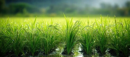 Canvas Print - Close up of vibrant green rice paddy field with dewdrops.