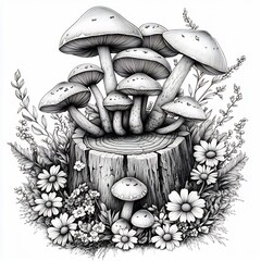 Poster - Intricate illustration of various mushrooms growing on a weathered stump encircled by wildflowers crafted as a vector coloring page for adults inviting creativity and tranquility