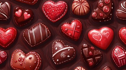 Poster - Pattern of stitched chocolate boxes and heart-shaped candies, fabric texture, embroidery style, cozy and handmade feel, various shades of red and pink, hd quality, seamless repetition.