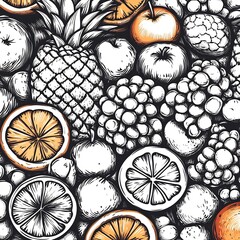 Poster - Black white doodle illustration of various fruits like oranges grapes and pineapples arranged in a seamless pattern A fun and engaging coloring page design with intricate details