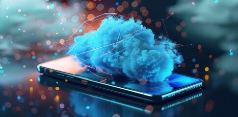 Poster - smartphone, cloud, technology, digital, creativity, innovation, background, modern, conceptual image of a phone displaying a blue cloud, surrounded by abstract elements