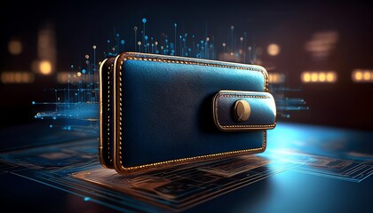 A sleek blue wallet is prominently displayed, surrounded by digital elements, symbolizing modern finance and technology.