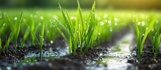 Poster - Close-up of fresh green grass sprouting from fertile soil with morning dew drops.