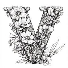 Poster - Handdrawn letter V black and white designed with a simple style for young children to color and practice the alphabet