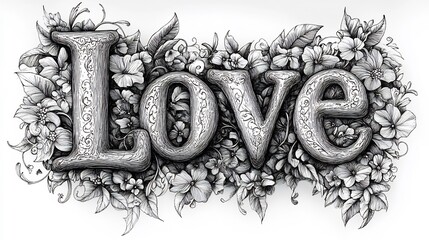 Poster - Love written beautiful handdrawn lettering surrounded by delicate flowers and vines A Valentines Day coloring page with intricate black and white details perfect for kids to color